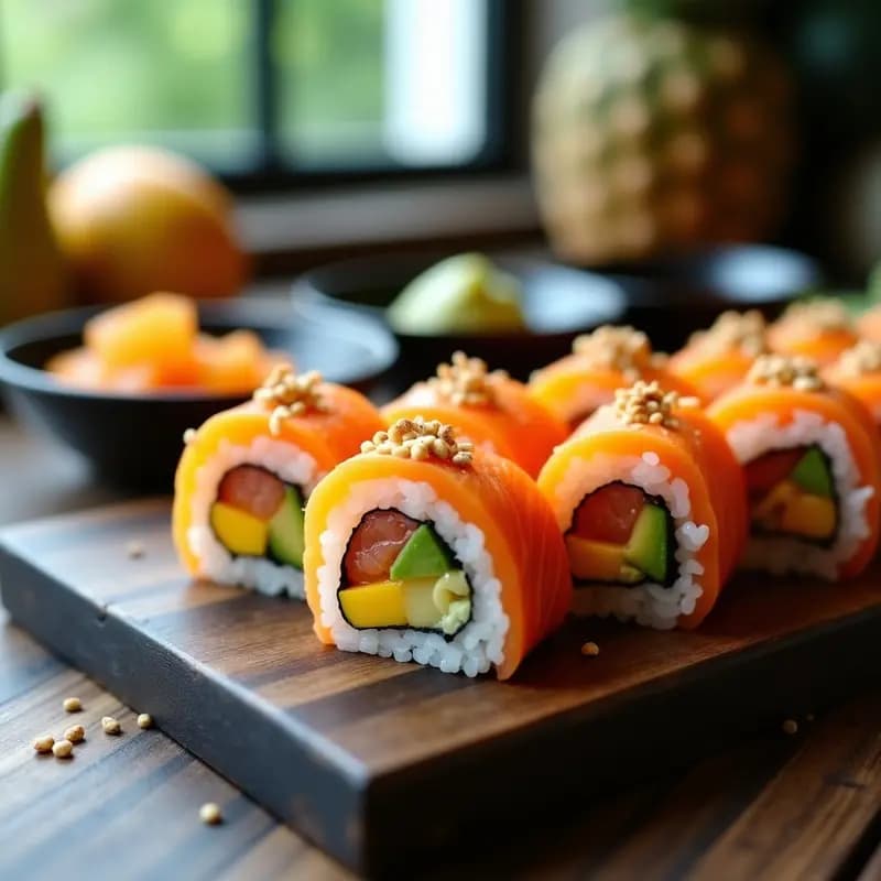Sushi de Salmón y Mango: Roll Japonés Fresco con Toque Tropical en 20 Minutos
