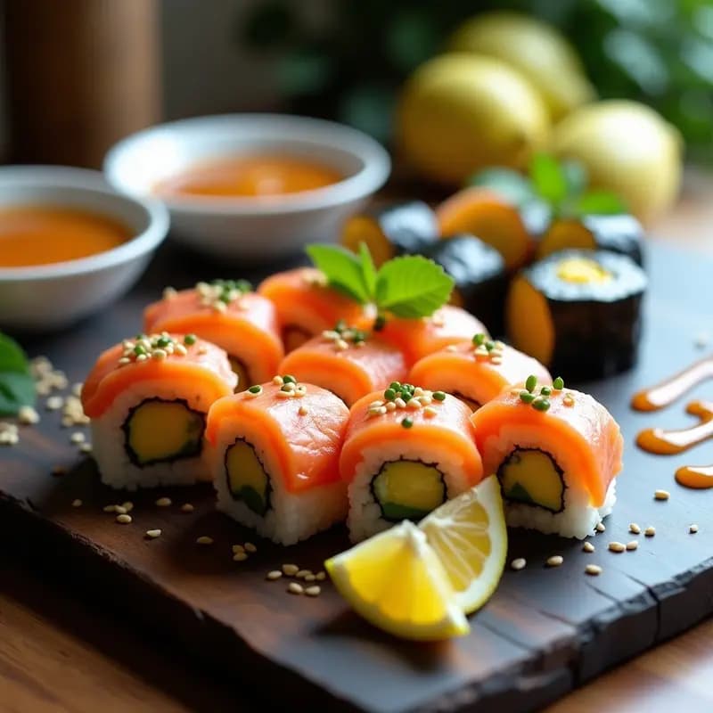 Sushi de Salmón y Mango con Salsa de Wasabi y Miel: Receta Fusion Japonesa-Peruana