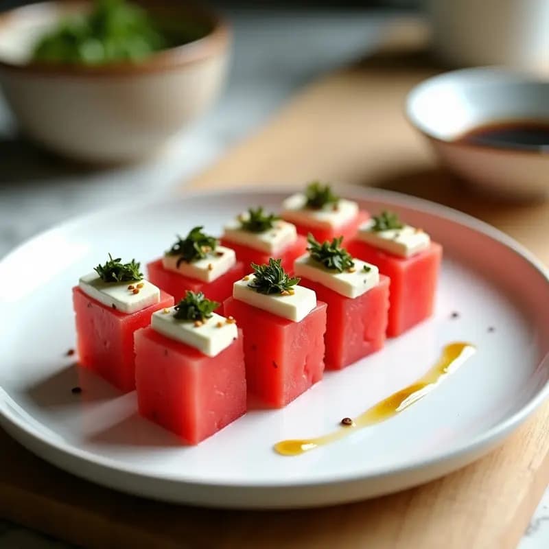 Sushi de Sandía y Queso Feta con Algas Wakame: Entrante Fusion Japonés-Griego