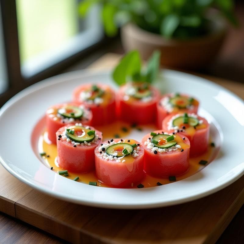 Sushi de Sandía y Queso Feta con Vinagreta de Miel: Receta Veraniega Sin Algas y Sin Cocinar