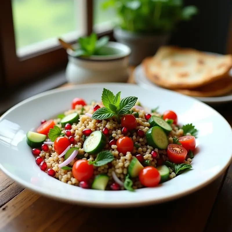 Tabbouleh de Trigo Bulgur con Granada y Menta: Ensalada Libanesa Crujiente y Sin Cocinar