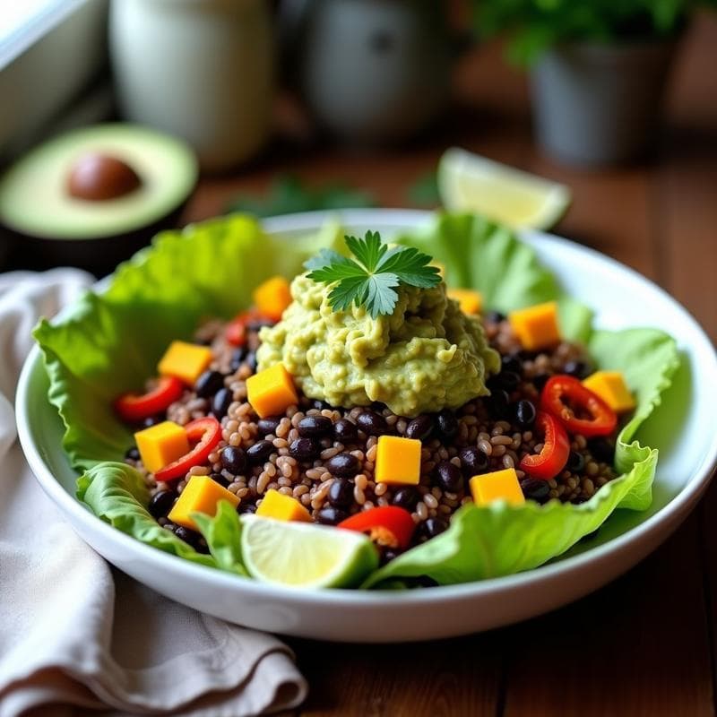 Taco Bowl de Arroz Salvaje con Frijoles Negros y Guacamole de Mango: Receta Vegana y Sin Gluten