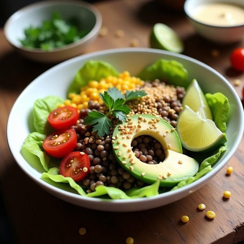 Taco-Bowl de Lentejas Beluga y Aguacate con Aderezo de Yogur de Soja: Receta Vegana en 15 Minutos