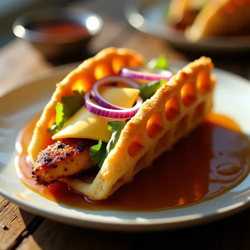Taco de Waffle con Pollo a la parrilla, Sirope de Arce y Queso Cheddar: Desayuno o Cena para los más Atrevidos