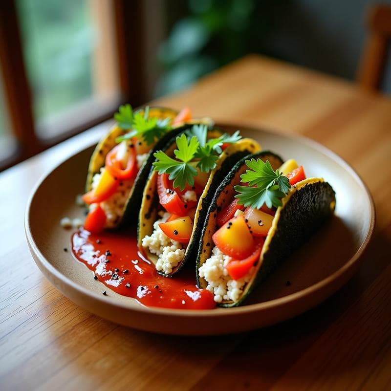 Tacos de Algas Nori y Queso Vegano con Salsa Sriracha: Receta Japonesa Fusion en Airfryer