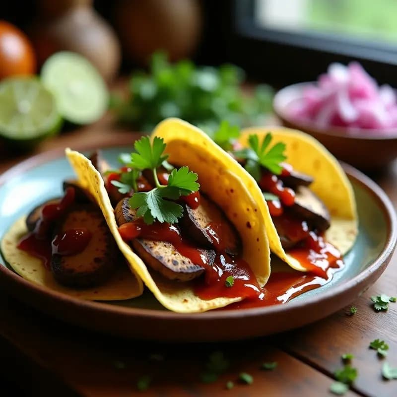 Tacos de Barbacoa de Champiñones Portobello con Salsa de Chipotle: Receta Mexicana Sin Gluten en Comal