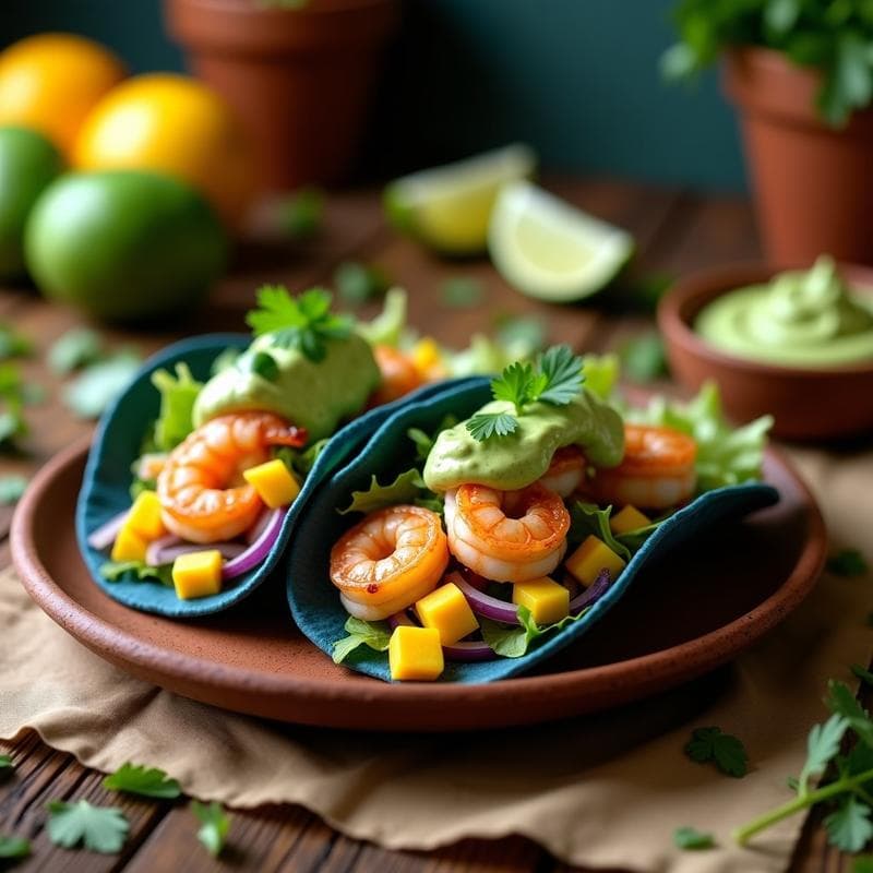 Tacos de Camarón al Ajillo con Mango Verde y Crema de Aguacate: Receta Fusion Mexicano-Española