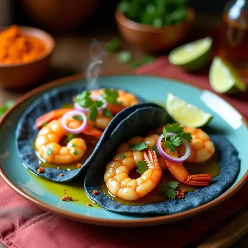 Tacos de Camaróne al Mojo de Ajo: Receta Mexicana con Toque Español y Limón en Tortillas de Maíz Azul