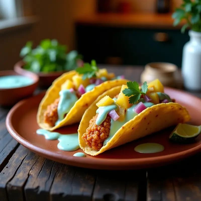 Tacos de Chicharrón Prensado con Salsa de Queso Azul y Piña Caramelizada: Fusión Audaz
