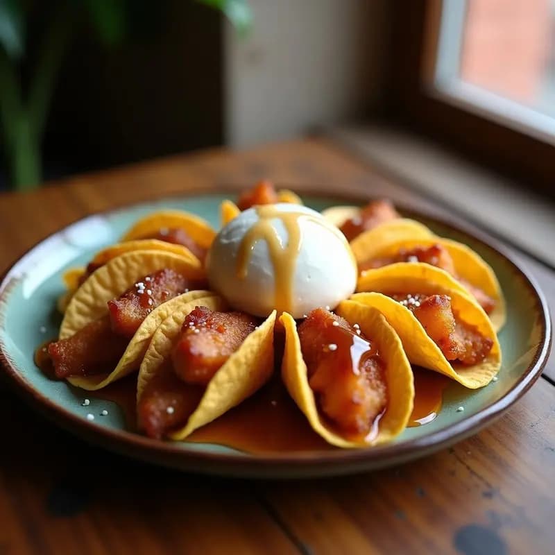 Tacos de Chicharrón Prensado con Salsa de Caramelo Salado y Helado de Vainilla: Dulce y Salado en Cada Bocado
