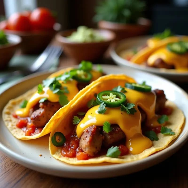Tacos de Chistorra y Queso Fundido con Salsa de Queso Cheddar y Jalapeños en Escabeche: Fusión Tex-Mex Extrema
