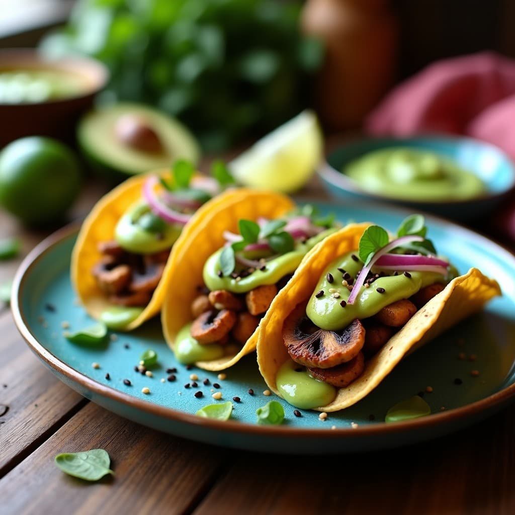 Tacos de Hongo Shimeji con Salsa de Aguacate y Lime: Receta Vegana Fusión Mexicano-Japonesa
