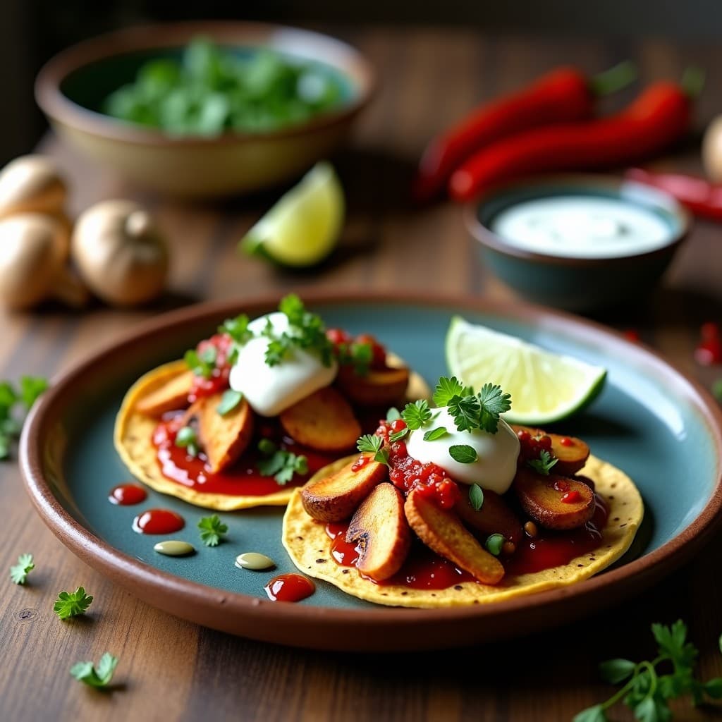 Tacos de Hongos Ostra con Salsa de Guajillo y Crema de Anacardos: Receta Vegana Gourmet