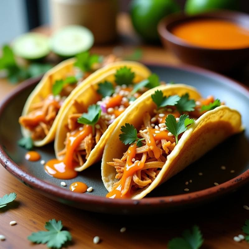 Tacos de Jackfruit Desmenuzado con Aderezo de Tamarindo y Mango: Receta Vegana Picante-Dulce en 15 Minutos