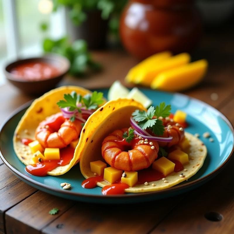 Tacos de Langostinos y Mango con Salsa Sriracha: Receta Mexicana Picante en Airfryer