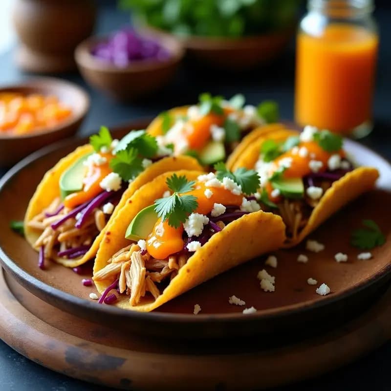 Tacos de Plátano Macho con Relleno de Pollo Desmenuzado y Salsa de Mango Habanero
