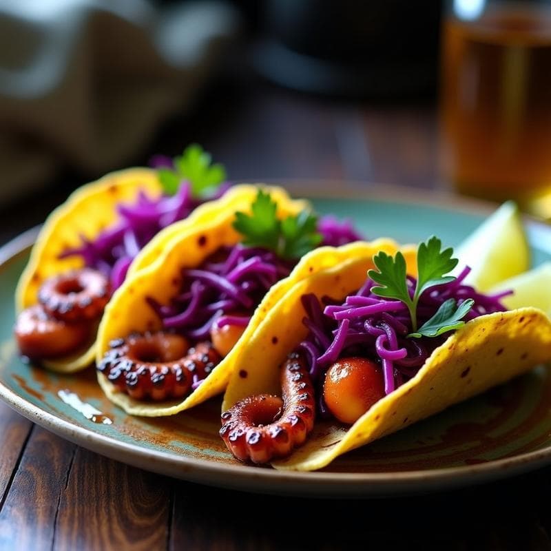 Tacos de Pulpo en Escabeche con Repollo Morado: Receta Mexicana en Airfryer en 18 Minutos