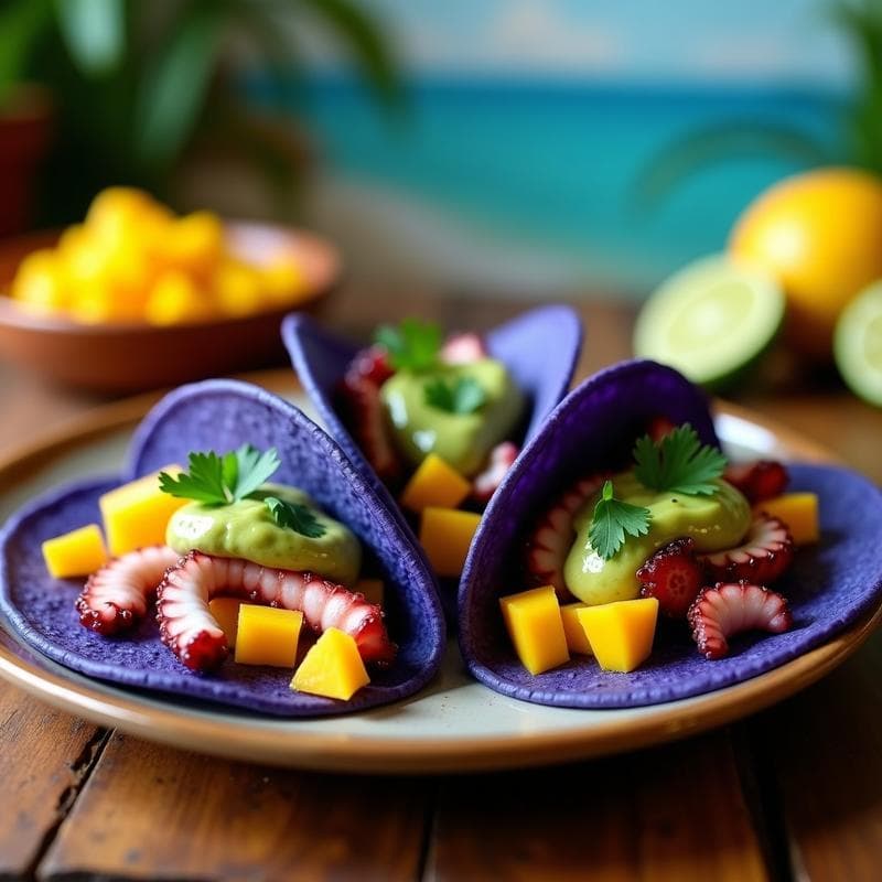 Tacos de Pulpo y Mango con Salsa de Aguacate y Habanero: Receta Costera Mexicana en 20 Minutos