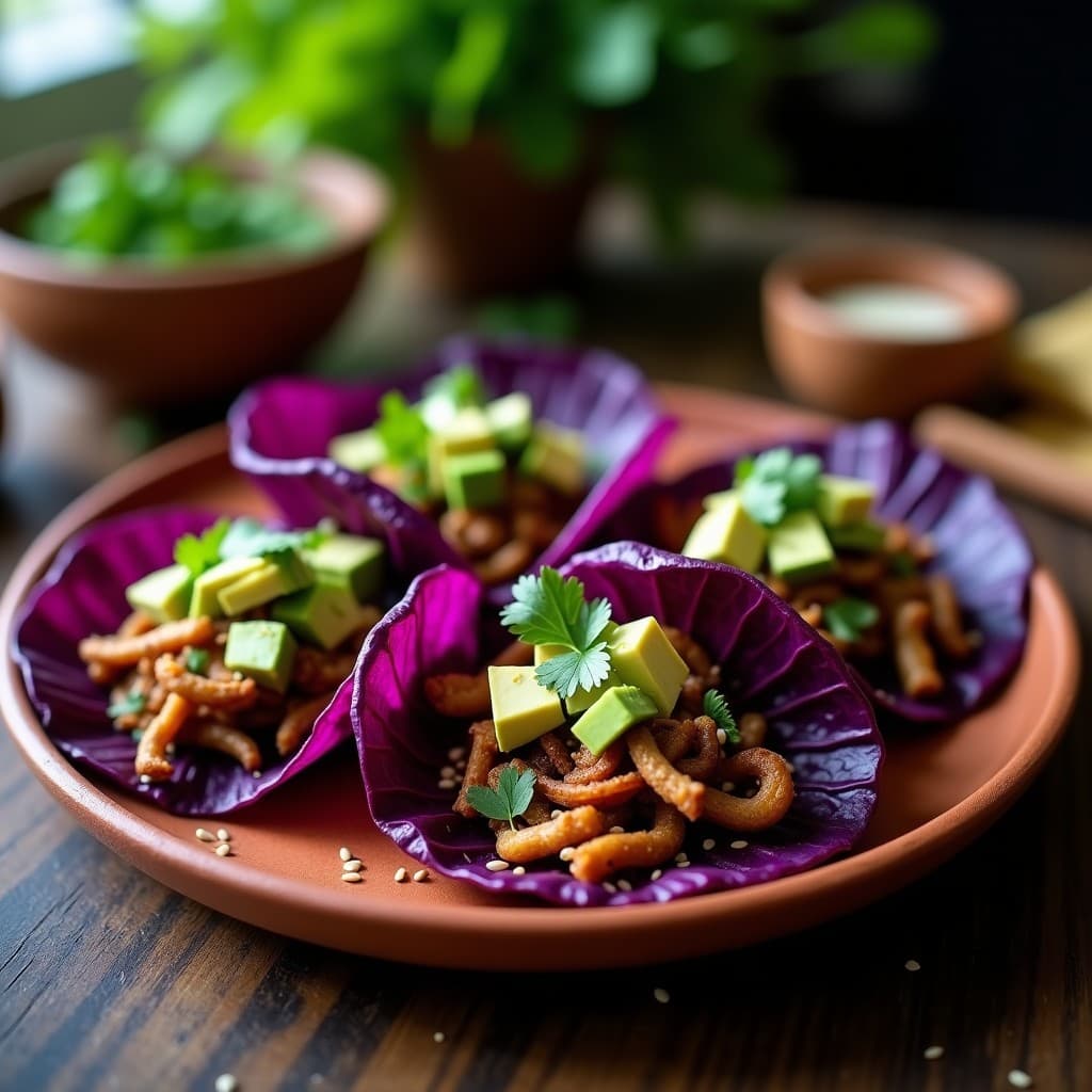 Tacos de Repollo Morado con Relleno de Hongos Ostra: Receta Vegana y Crujiente