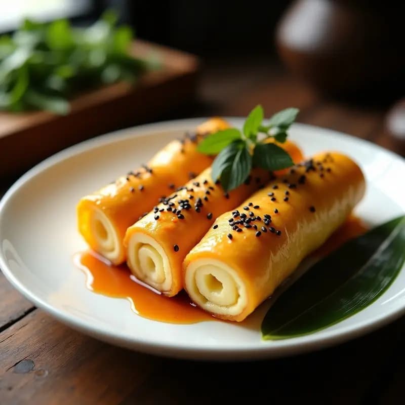 L玉子 (Tamagoyaki) Dulce: Tortilla Japonesa en Rollito con Salsa Teriyaki Sin Azúcar