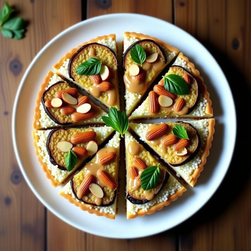 Tarta de Quinoa y Berenjena con Aderezo de Tahini: Receta Vegana Sin Horno para Tupper