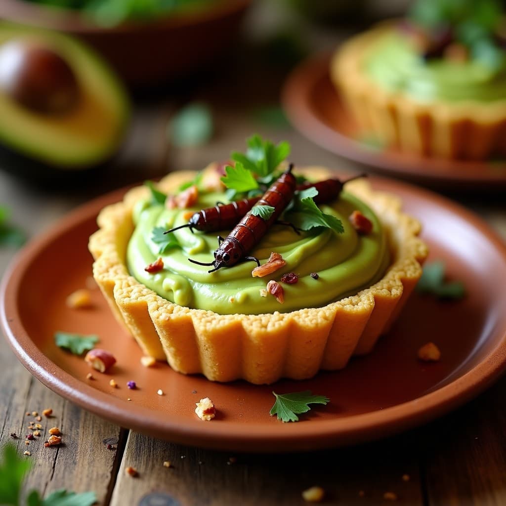 Tartaleta de Harina de Arroz y Crema de Guacamole con Toppings de Insectos Comestibles: Receta Africana Keto