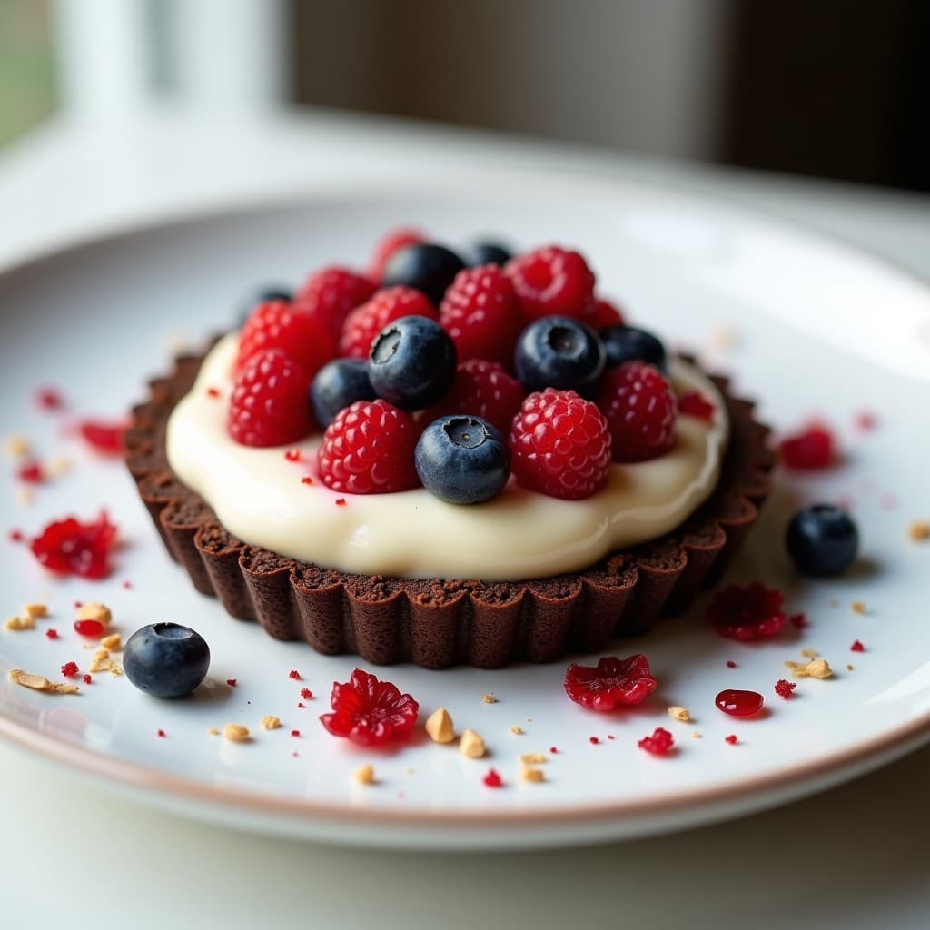 Tartaleta de Base de Café con Crema de Queso de Soja y Frutos Rojos Liofilizados