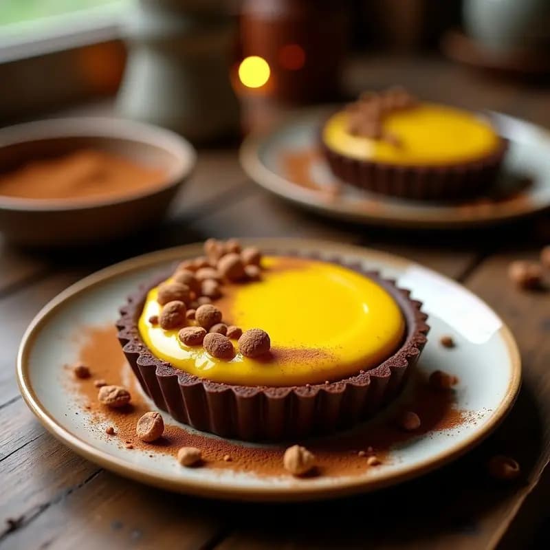 Tartaleta de Chocolate y Café con Crema de Cúrcuma: Postre Fusion Sin Azúcar
