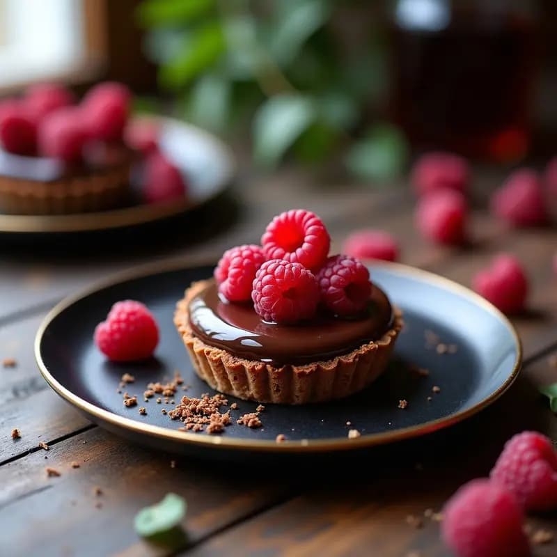Tartaleta de Chocolate y Base de Dátiles con Topping de Frambuesas Liofilizadas: Postre Raw Vegano