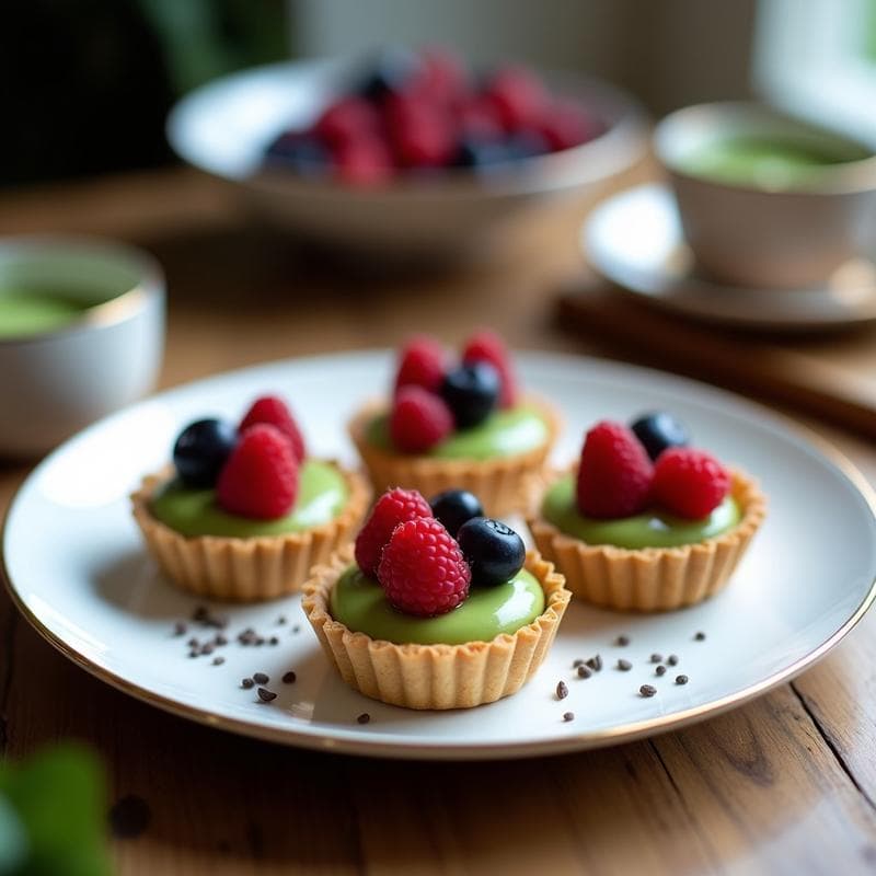 Tartaletas de Base de Avellana con Crema de Matcha y Frutos Rojos: Postre Francés Vegano