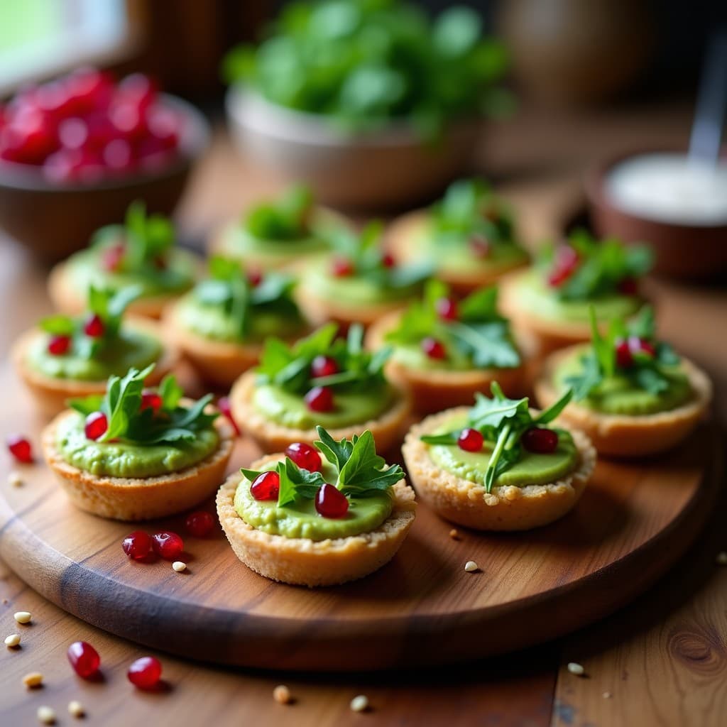 Tartaletas de Hummus de Edamame y Rúcula con Reducción de Granadina: Aperitivo Saludable