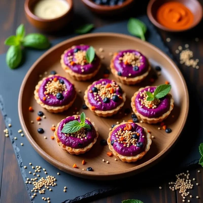 Tartaletas de Hummus Morado y Crujiente de Semillas de Sésamo: Aperitivo Vegano Instagrameable en 15 Minutos