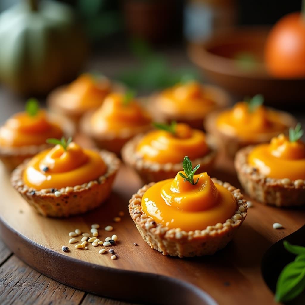 Tartaletas de Mijo y Puré de Calabaza Kabocha con Crujiente de Semillas: Aperitivo Africano Vegano