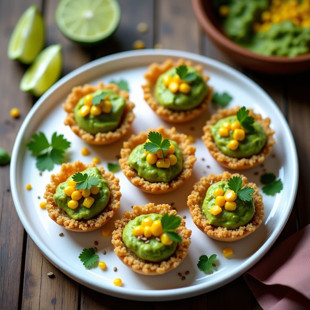 Tartaletas de Base de Quinoa con Guacamole y Toppings de Maíz: Aperitivo Mexicano Sin Horno