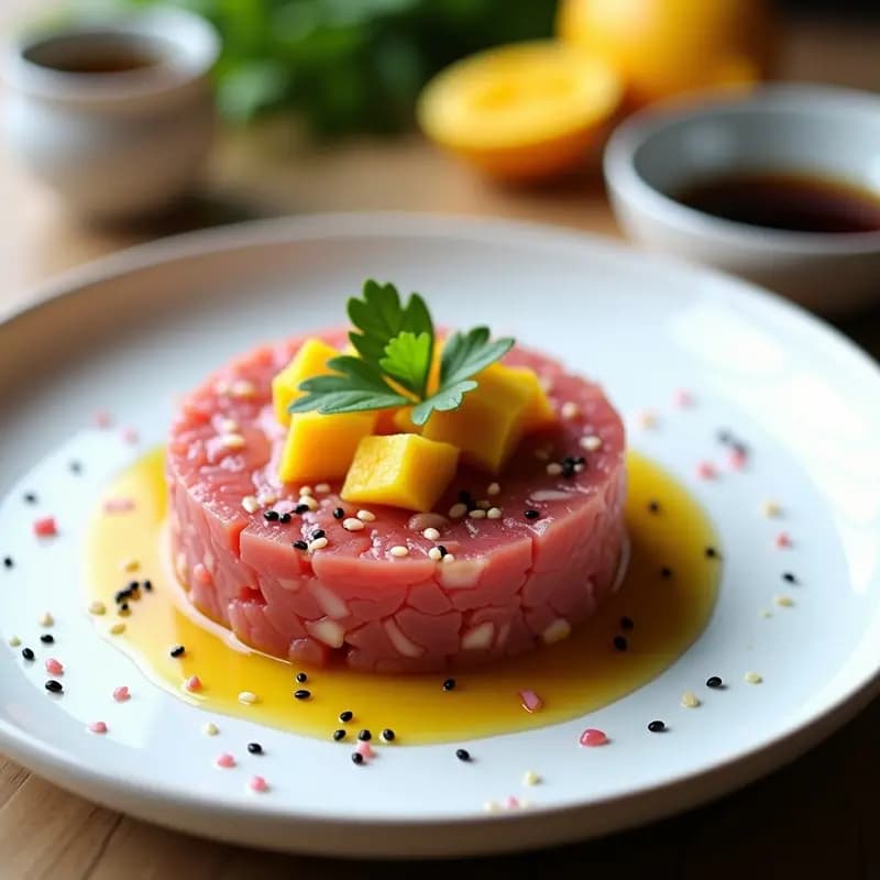 Tartar de Atún con Mango y Salsa de Jengibre: Receta Francesa Fresca y Exótica