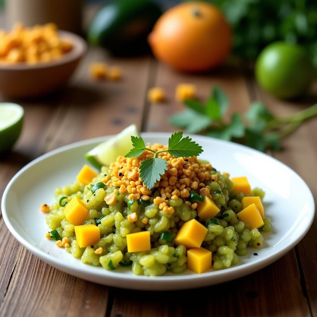 Tartar de Tomate Verde y Mango con Crujiente de Amaranto: Receta Mexicana Crudivegana