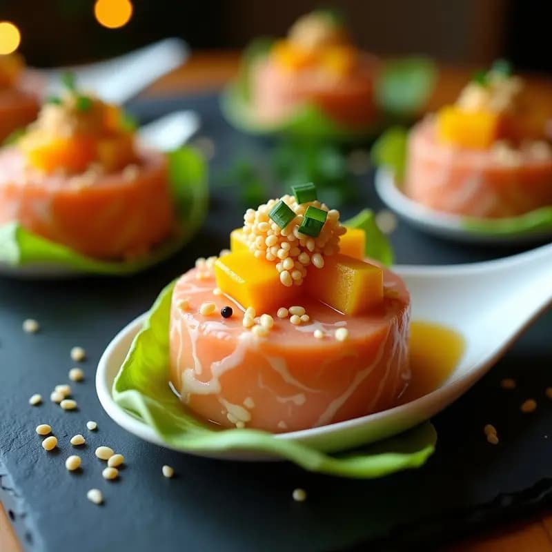 Tartare de Salmón Ahumado y Mango con Crujiente de Sésamo: Aperitivo Francés con Toque Tropical