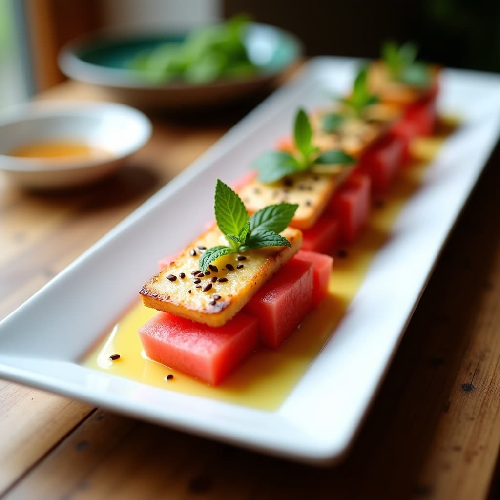 Tataki de Sandía y Queso Halloumi con Vinagreta de Miel y Limón: Entrante Chipriota Veraniego