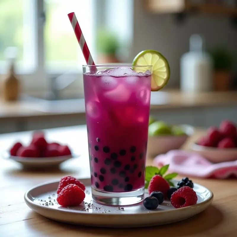 Té de Burbujas de Frutos del Bosque con Chía: Bebida Taiwanesa Divertida y Sin Azúcar