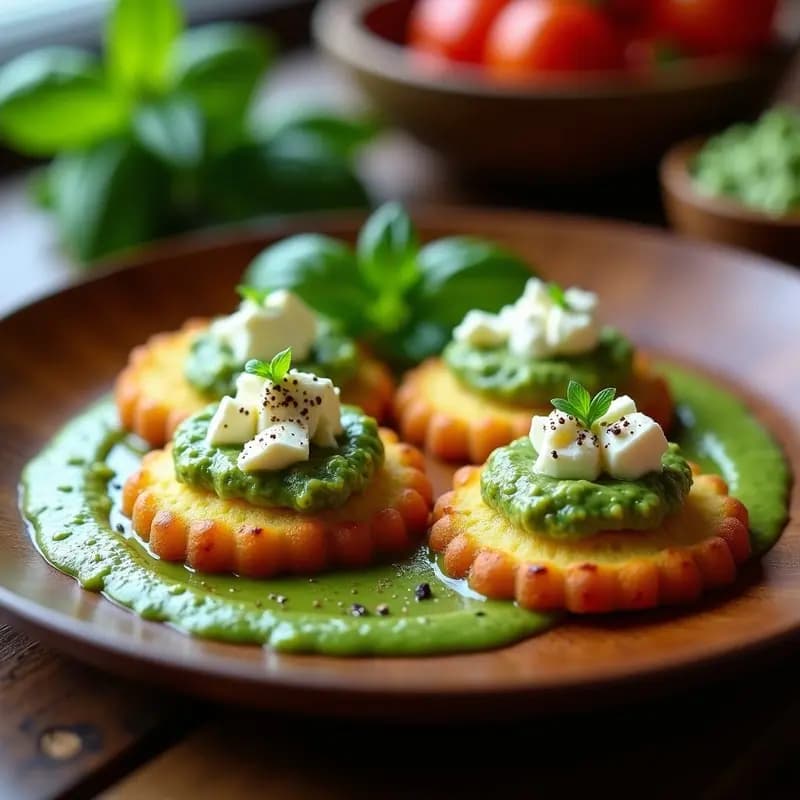 Tortas de Yuca y Queso Feta con Salsa de Pesto de Albahaca: Aperitivo Colombiano Gourmet