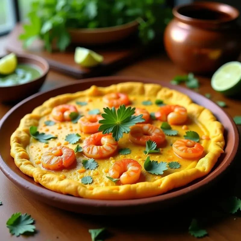 Tortilla de Camarones con Harina de Garbanzo: Receta de Andra Pradesh India en Sartén