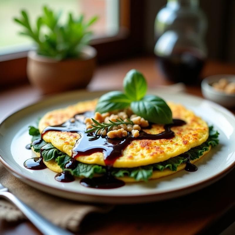 Tortilla de Espinacas y Queso de Cabra con Reducción de Vinagre Balsámico: Desayuno proteico en 10 minutos