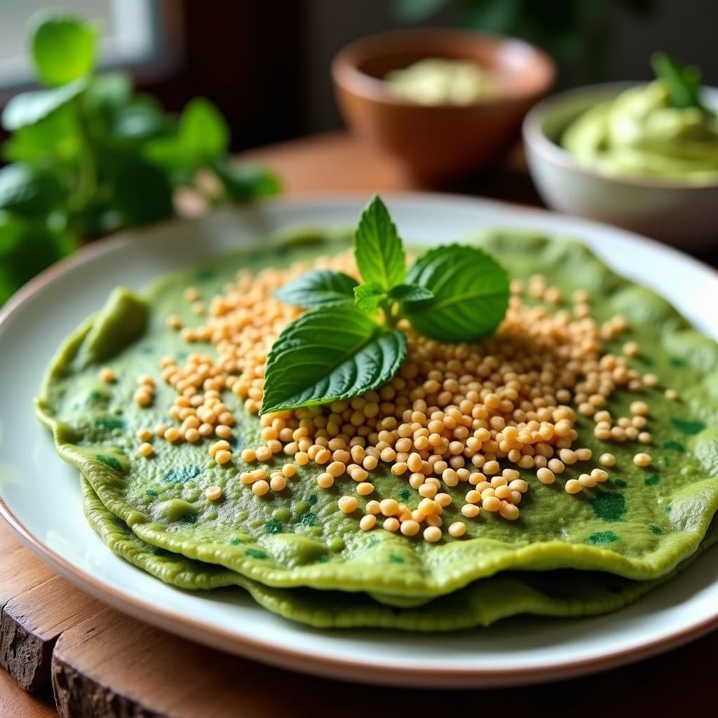 Tortilla de Espirulina y Calabacín con Crujiente de Semillas de Amaranto: Desayuno Vegano y Nutritivo