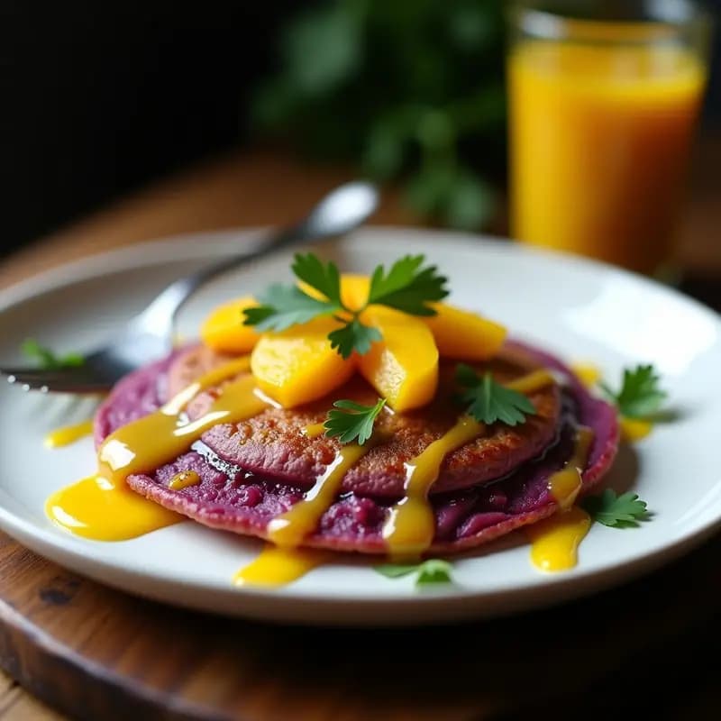 Tortilla de Patata Morada y Cebolla Caramelizada con Vinagreta de Mango: Desayuno o Cena Instagrameable