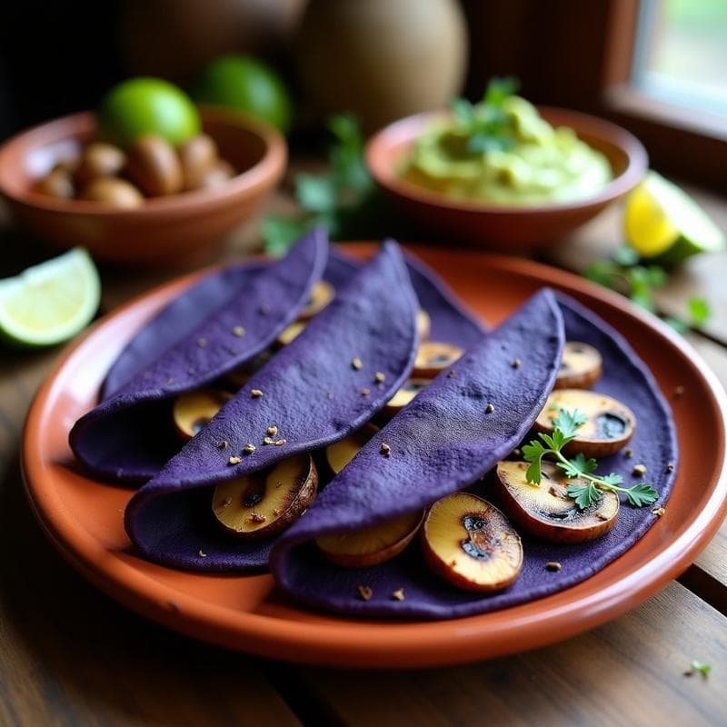 Tortillas de Maíz Azul con Hongos Ostra y Epazote: Receta Mexicana Vegana en Comal