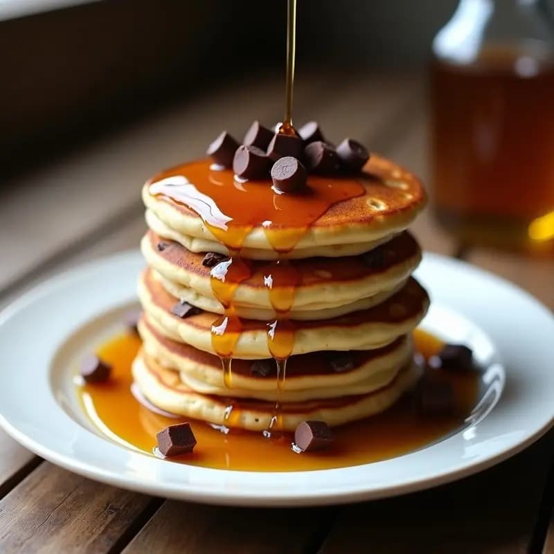 Tortitas Americanas con Sirop de Arce, Mantequilla de Cacahuete y Trozos de Chocolate: Desayuno de Campeones