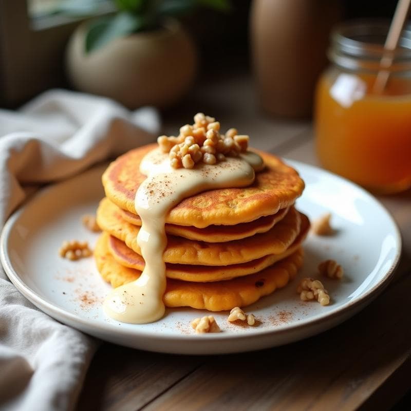 Tortitas de Boniato y Canela con Salsa de Yogur de Soja y Miel de Agave: Postre Vegano y Sin Gluten