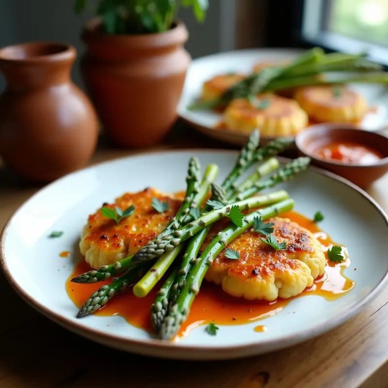 Tortitas de Socarrat con Espárragos Trigueros y Romesco de Anacardos: Receta Española Vegana