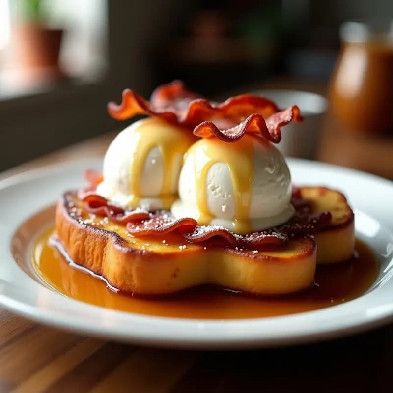 Tostada Francesa Extrema: Pan Brioche con Helado de Vainilla, Sirope y Bacon