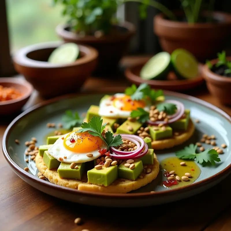 Tostadas de Aguacate y Huevos de Codorniz: Desayuno Mexicano con Chile de Árbol y Semillas